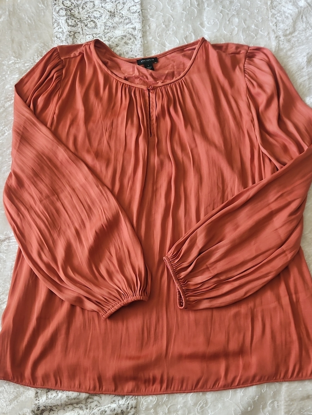 Ann Taylor Rust Pleated Long-Sleeve Blouse - Large